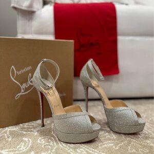 Christian Louboutin Silver Glitter Platform Peep-Toe Ankle Strap Heels